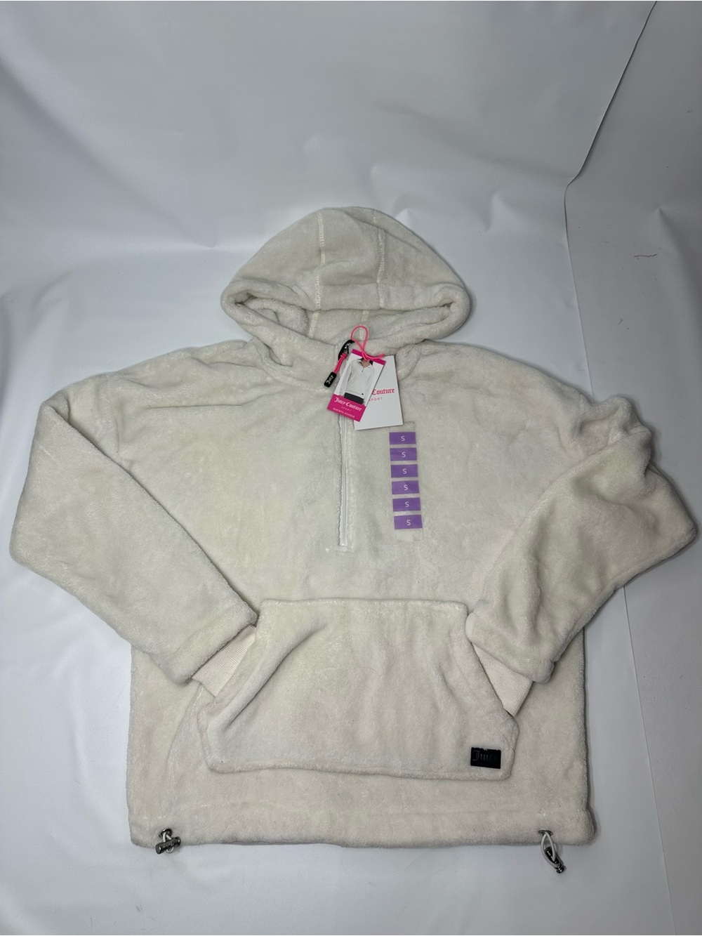 NWT Juicy Couture Sport Cream Sherpa Half-Zip Plush Hooded Pocket Sweater Small